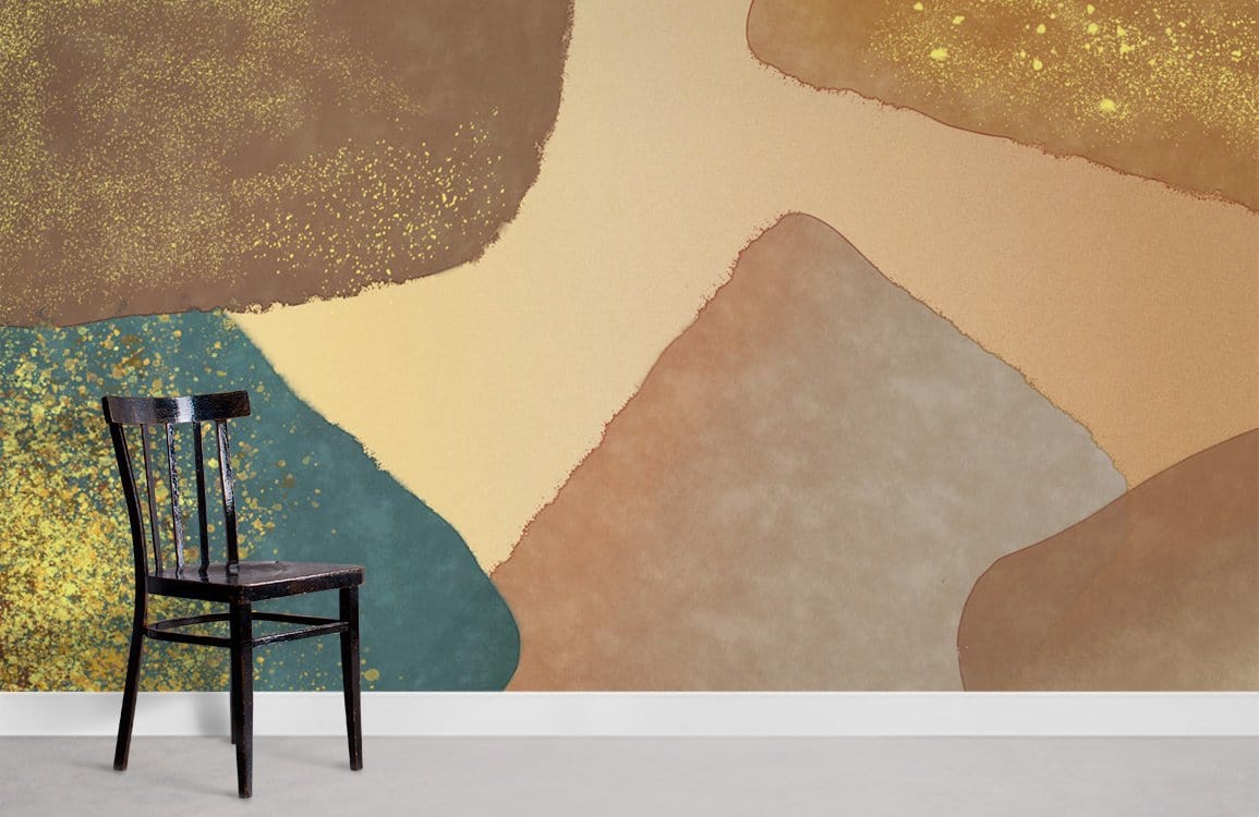Rustic Earth Tones Abstract Mural Wallpaper in Beige Teal with black chair on grey floor.