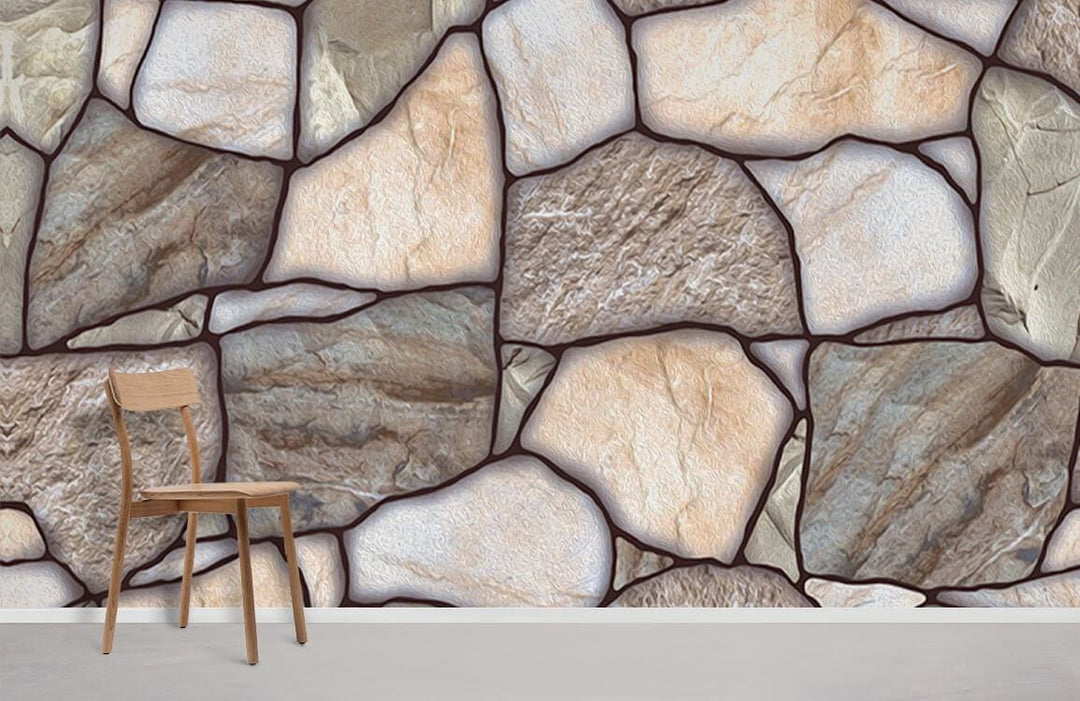 Rustic Stone-Effect Wallpaper in earthy tones, featuring wooden chair, in a modern decor setting.