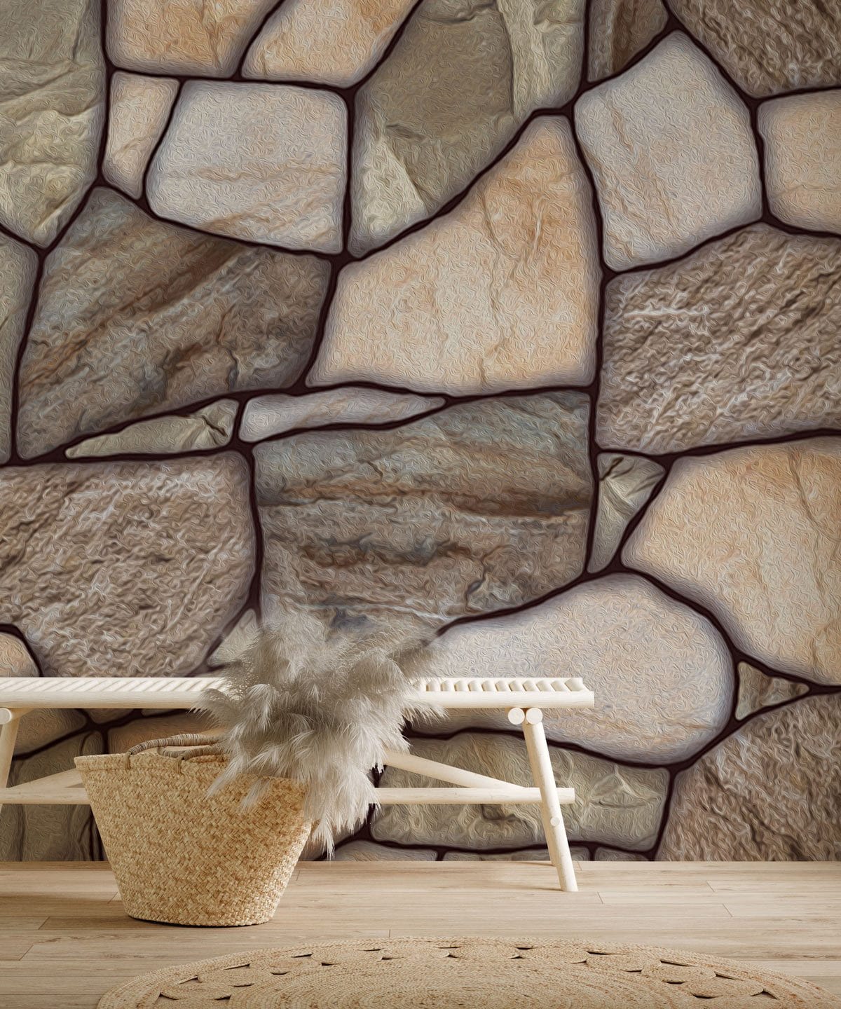 Rustic stone-effect wallpaper with earthy tones, light wooden flooring, beige bench in natural decor.