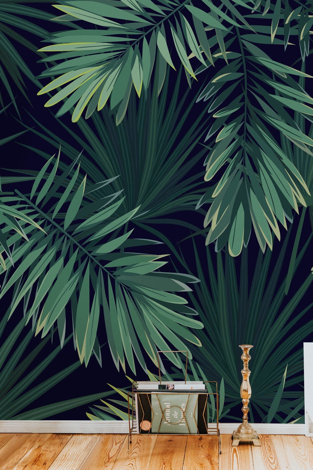 Tropical Green Palm Leaves Pattern Wallpaper enhances wooden flooring and exotic decor with elegance.