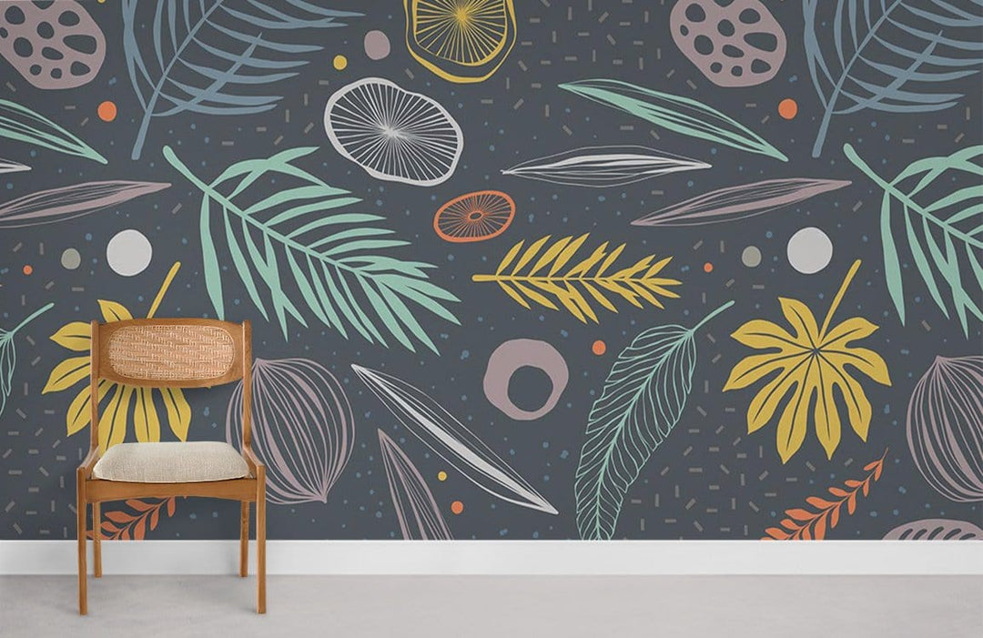 Vibrant tropical foliage mural wallpaper in deep blue, wooden chair, beige cushion, light grey flooring.