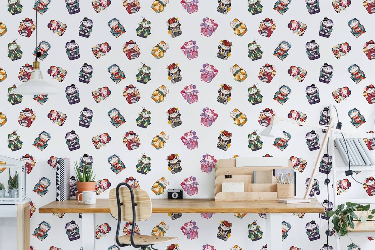 Vintage floral wallpaper in pink, green, orange hues; retro pattern, modern home office, wooden desk.