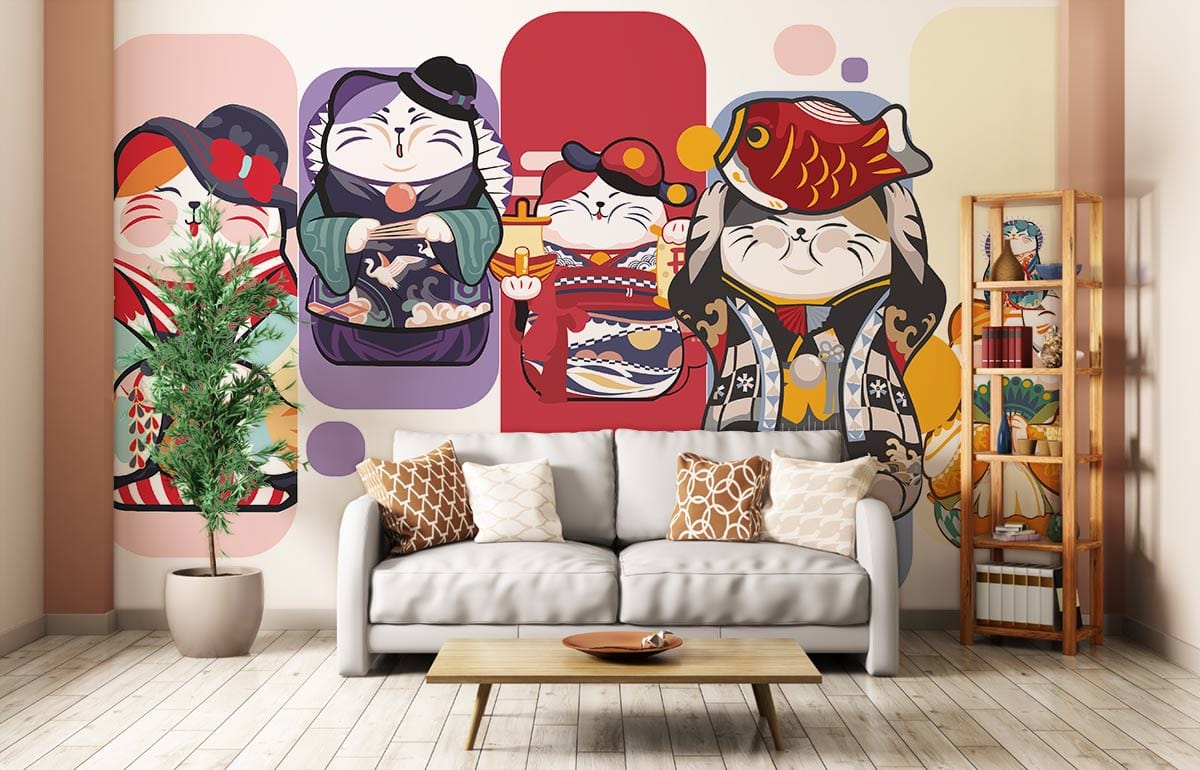 Vibrant Japanese Maneki-Neko Cat Pattern Mural Wallpaper, white sofa, wooden flooring, plant, bookshelf.