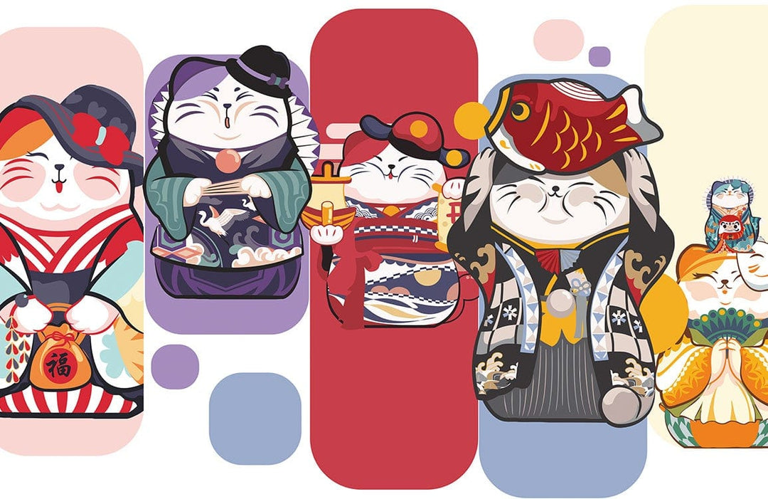 Vibrant Japanese Maneki-Neko Cat Pattern Mural Wallpaper in Multicolour Design