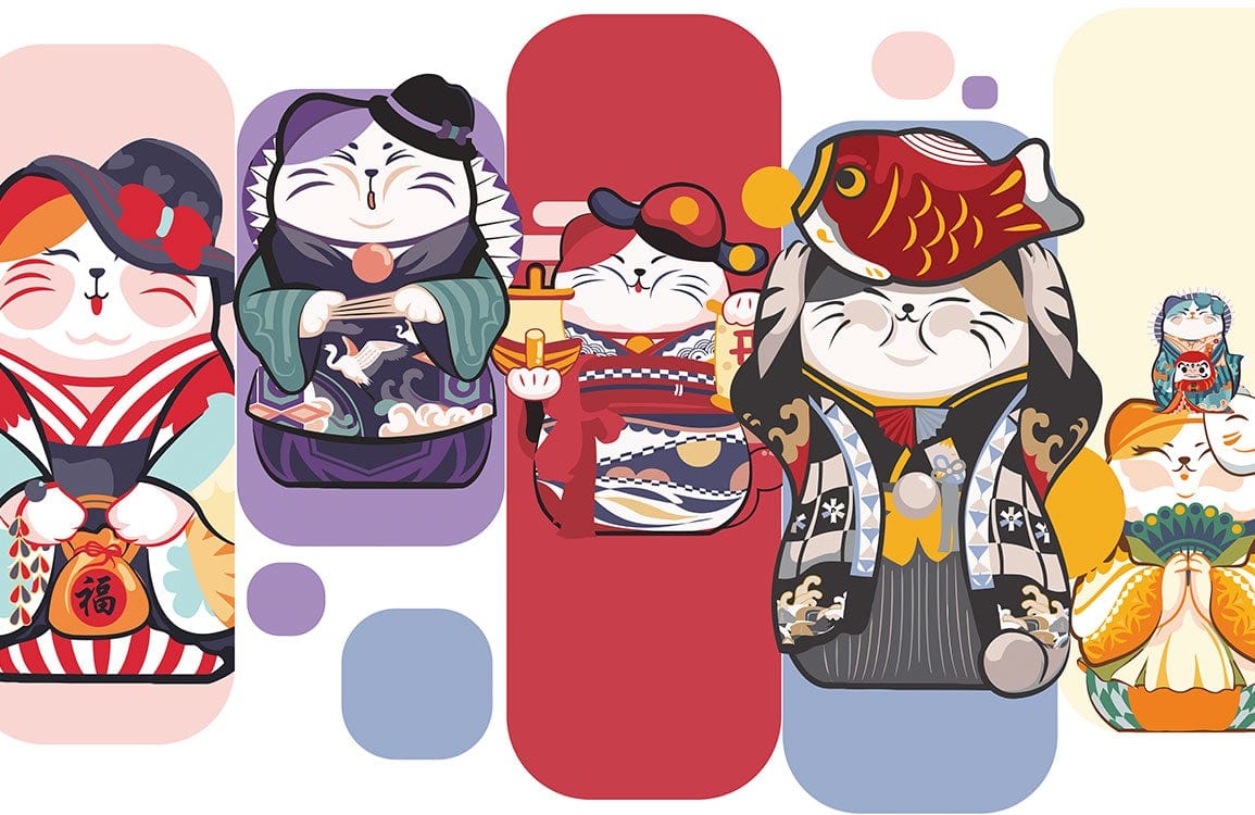 Vibrant Japanese Maneki-Neko Cat Pattern Mural Wallpaper in Multicolour Design