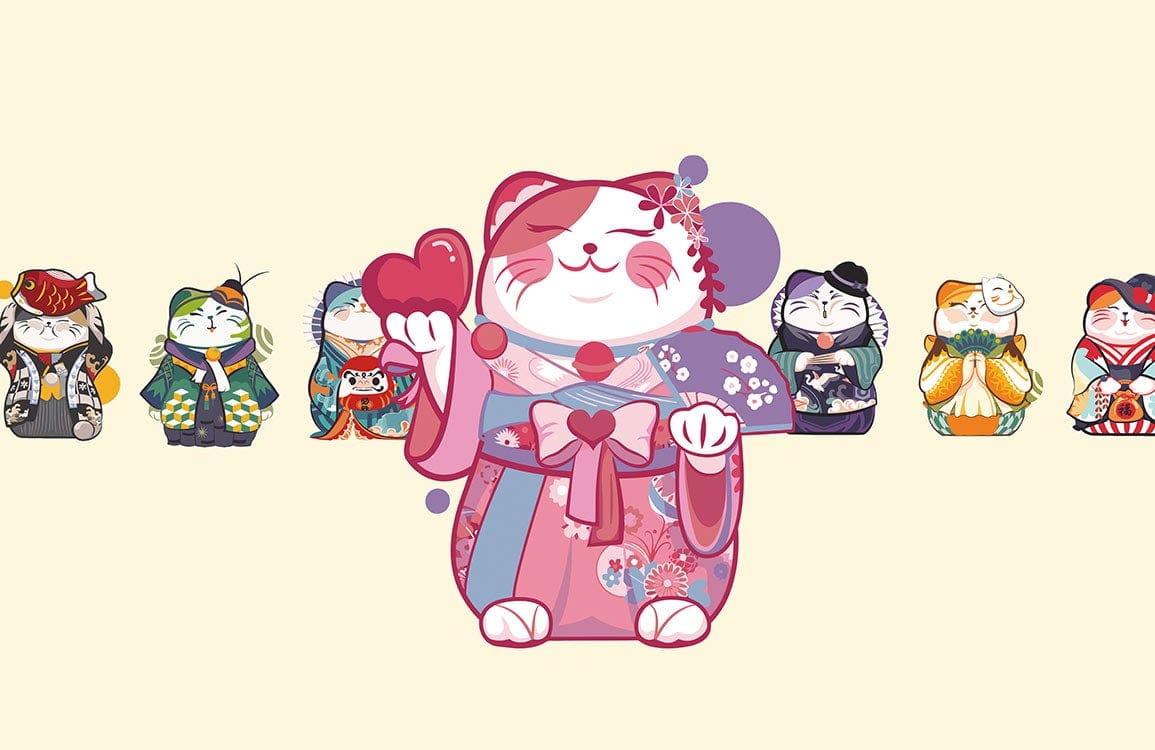 Charming Japanese Lucky Cat Wallpaper - Multicolour Kawaii Style Decor