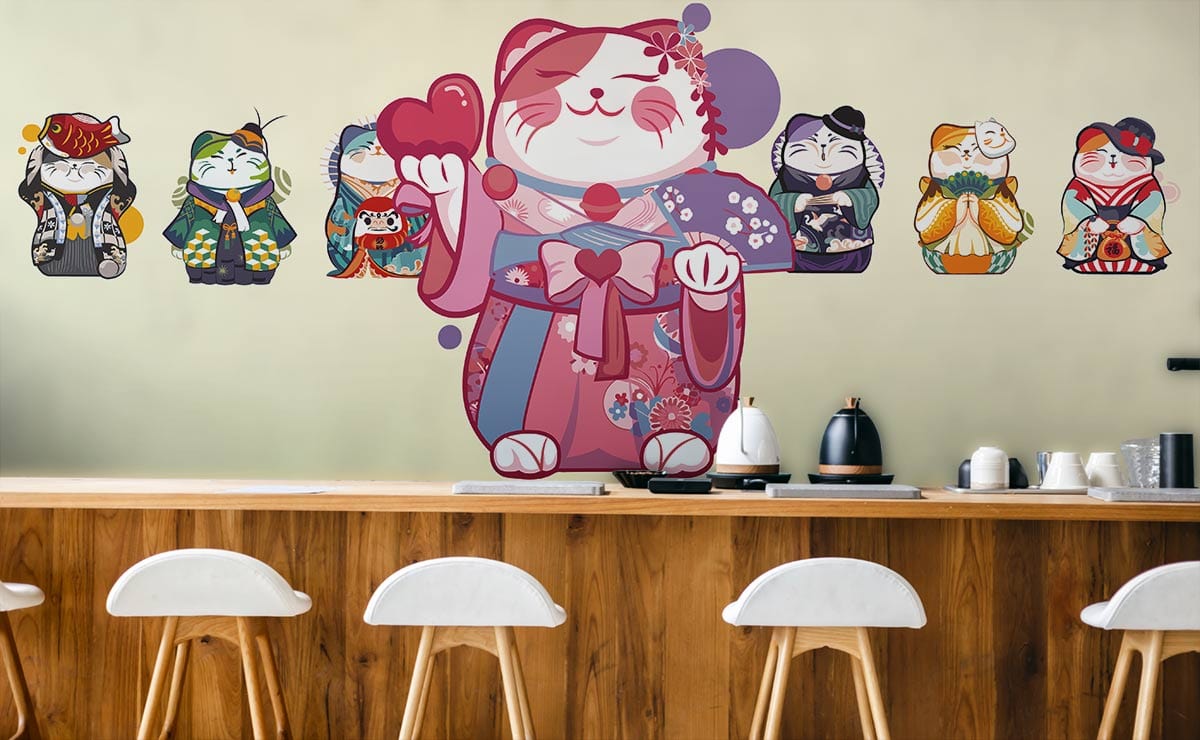 Kawaii-style Japanese Lucky Cat wallpaper on pastel wall, wooden dining area with modern white stools.