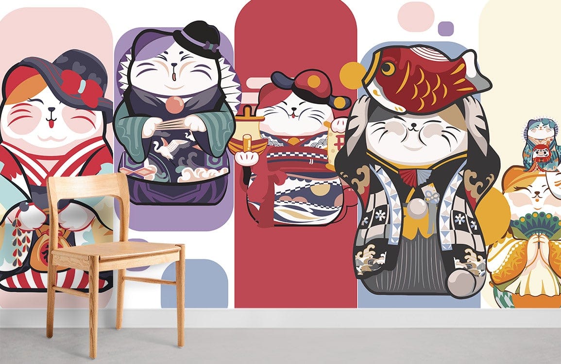 Vibrant Maneki-Neko cat pattern mural wallpaper, multicolour, minimalist wooden chair, contemporary room design.