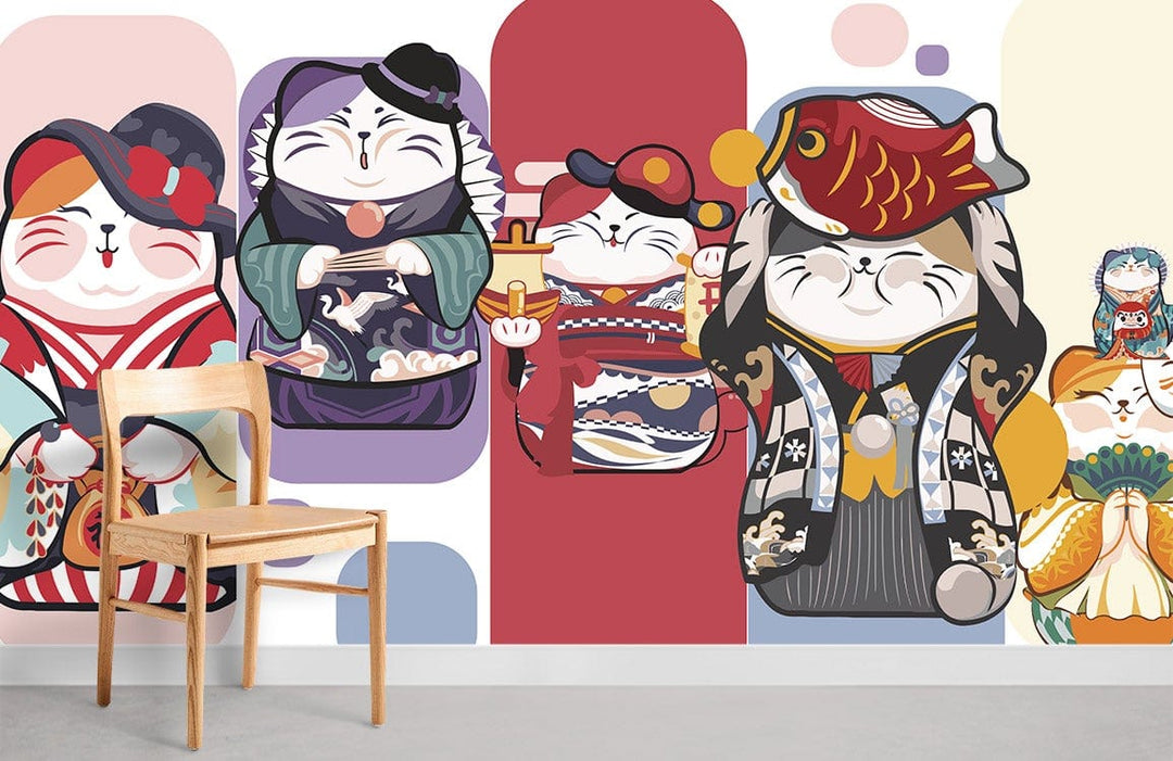 Vibrant Maneki-Neko cat pattern mural wallpaper, multicolour, minimalist wooden chair, contemporary room design.