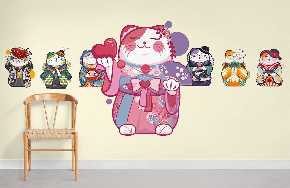Charming Japanese Lucky Cat Wallpaper in multicolour kawaii style decor; minimalist wooden chair.