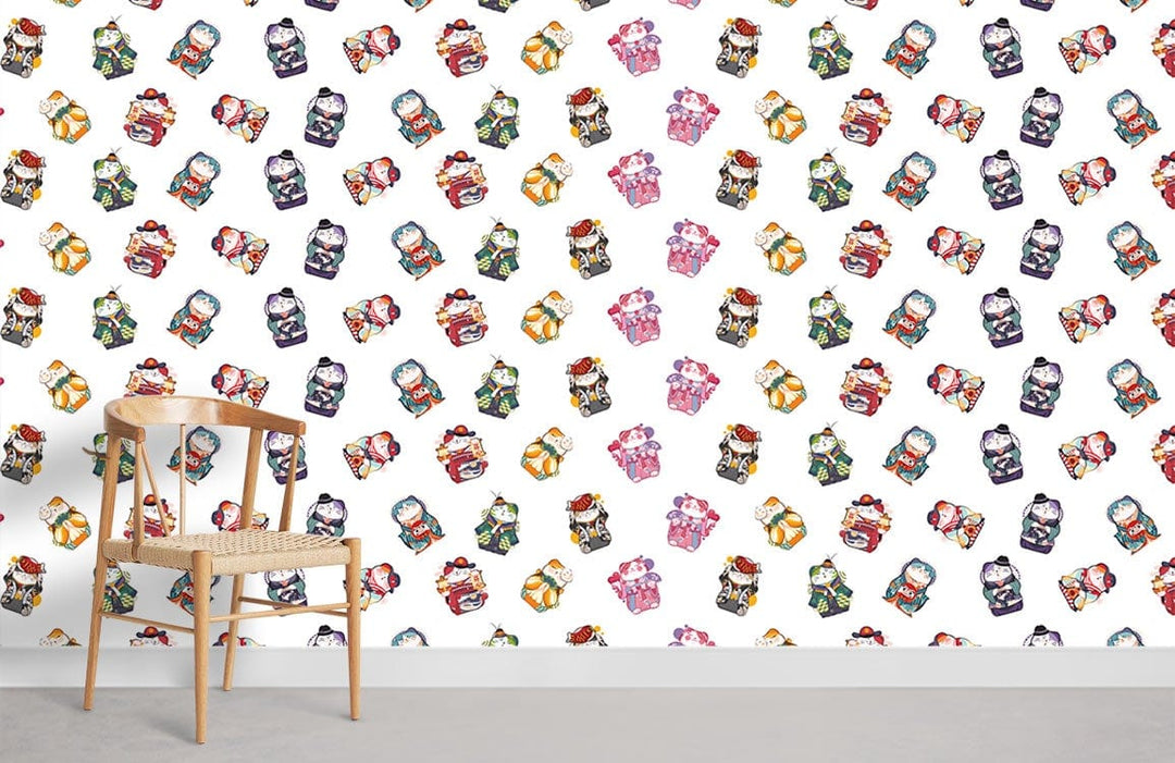 Vintage retro floral wallpaper in pink, green, and orange hues; wooden chair and grey flooring.