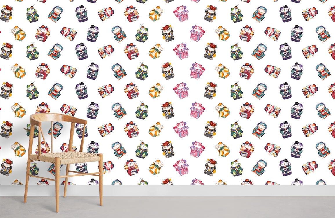 Vintage retro floral wallpaper in pink, green, and orange hues; wooden chair and grey flooring.