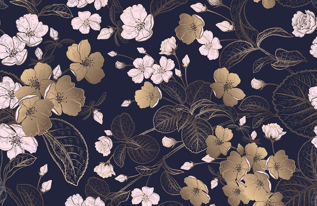 Elegant Navy Floral Patterned Wallpaper with Gold and White Blossoms
