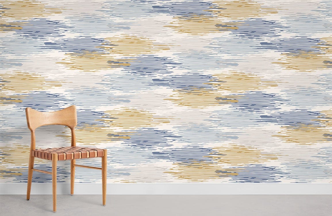 Elegant abstract wallpaper in blue and gold with wooden chair, modern design for stylish interiors.