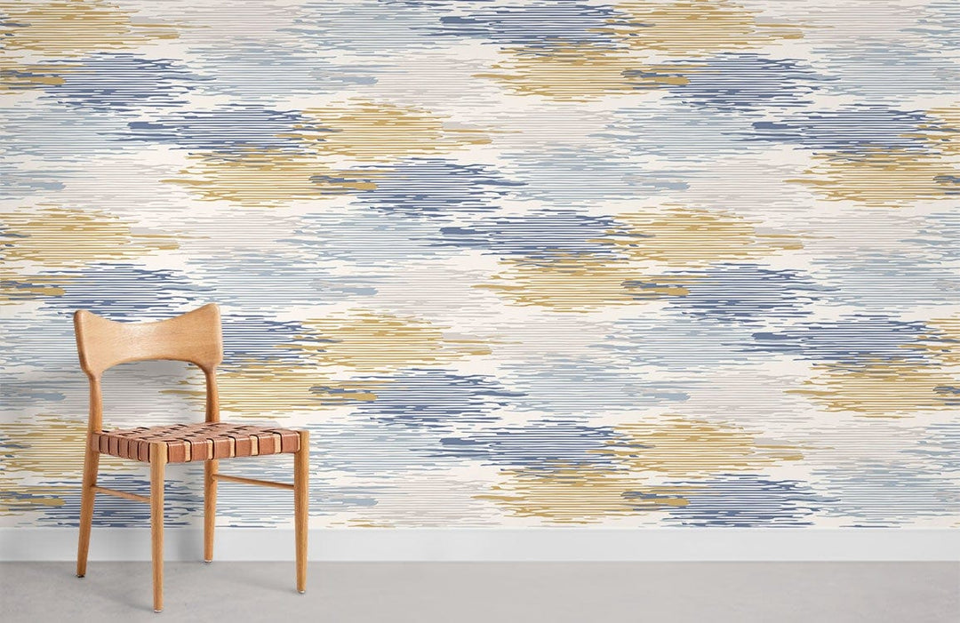 Elegant abstract wallpaper in blue and gold with wooden chair, modern design for stylish interiors.