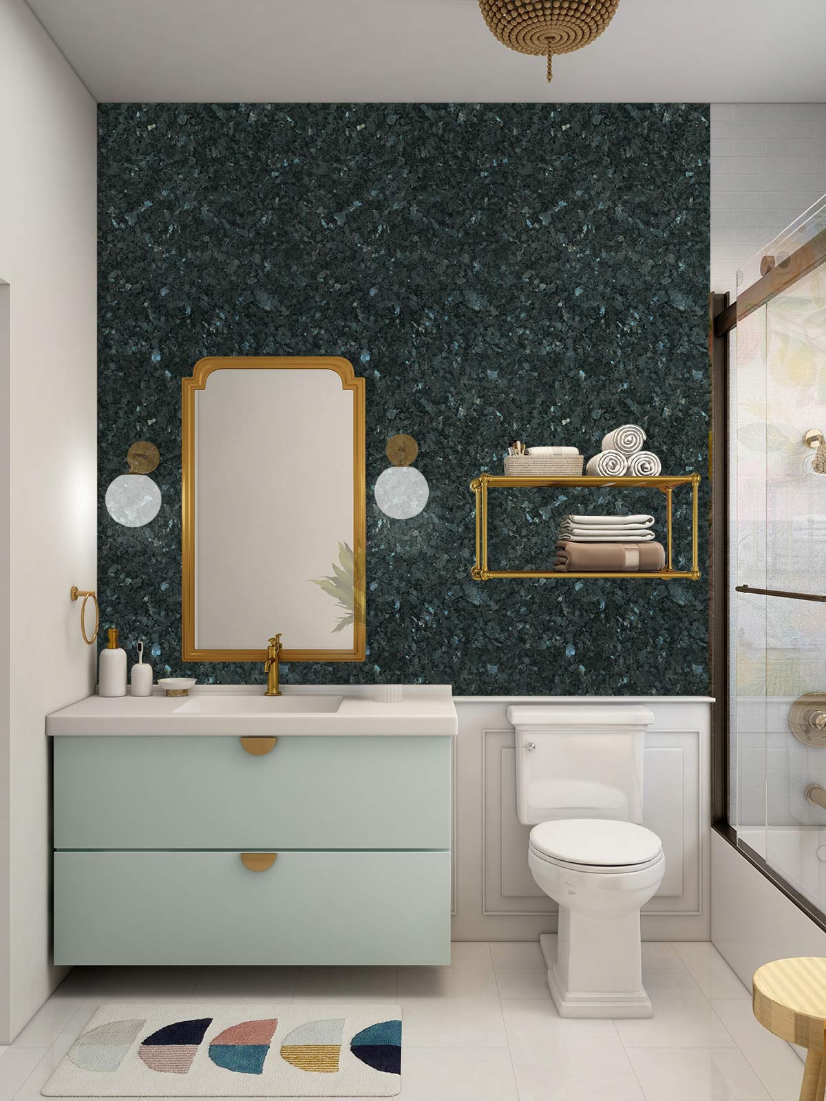 Elegant bathroom with dark granite textured wallpaper, subtle blue hints, gold accents, and pastel vanity.