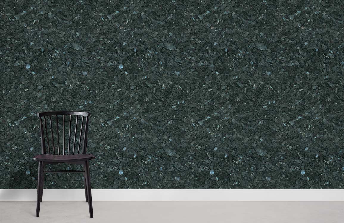 Dark granite textured wallpaper with blue hints, black chair, elegant room, grey flooring.