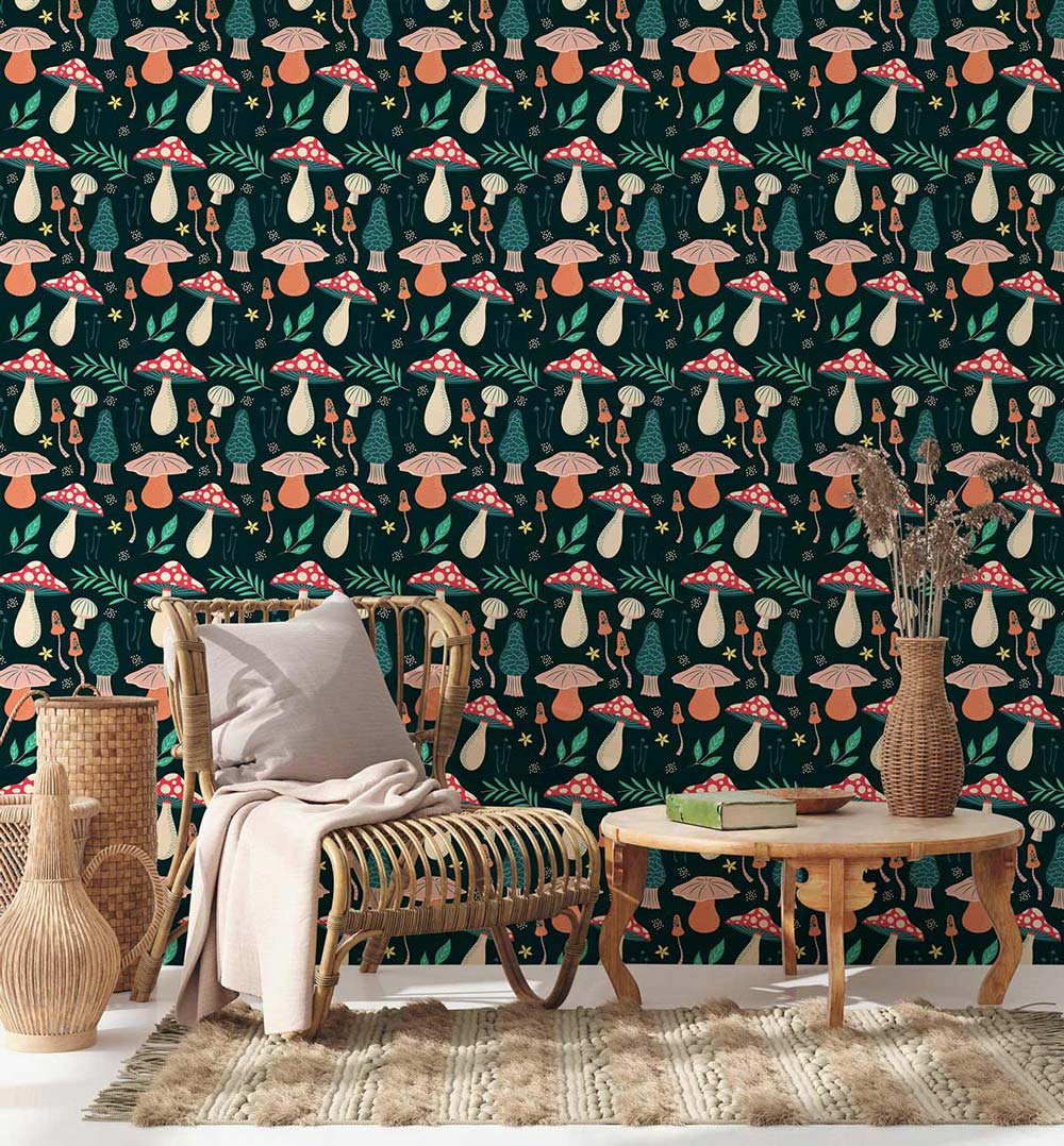 Dark green mushroom wallpaper with wicker chair and beige rug in vintage botanical themed living room.