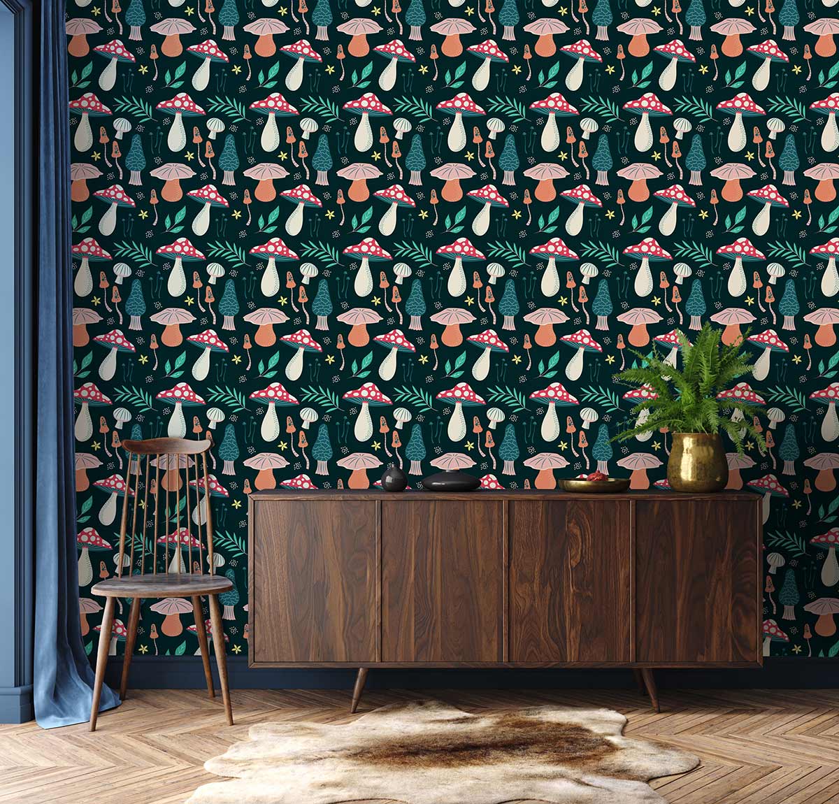 Alt text: Dark green vintage mushroom wallpaper with wooden sideboard, chair, and herringbone flooring in living room.