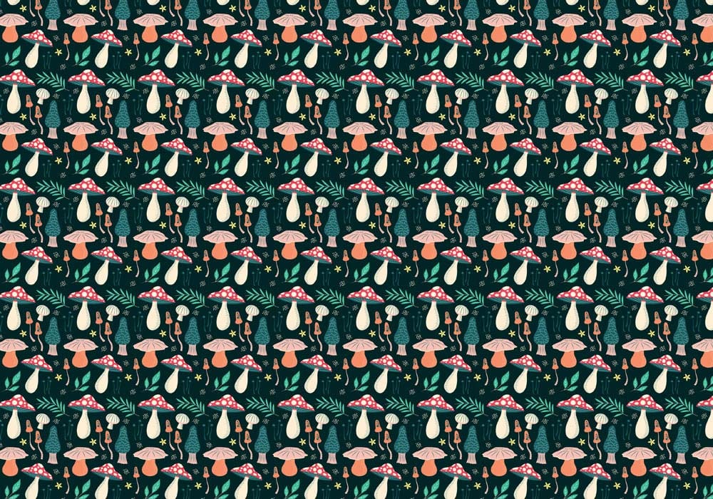 Enchanted Forest Mushroom Motif Wallpaper - Dark Green, Vintage Botanical Style