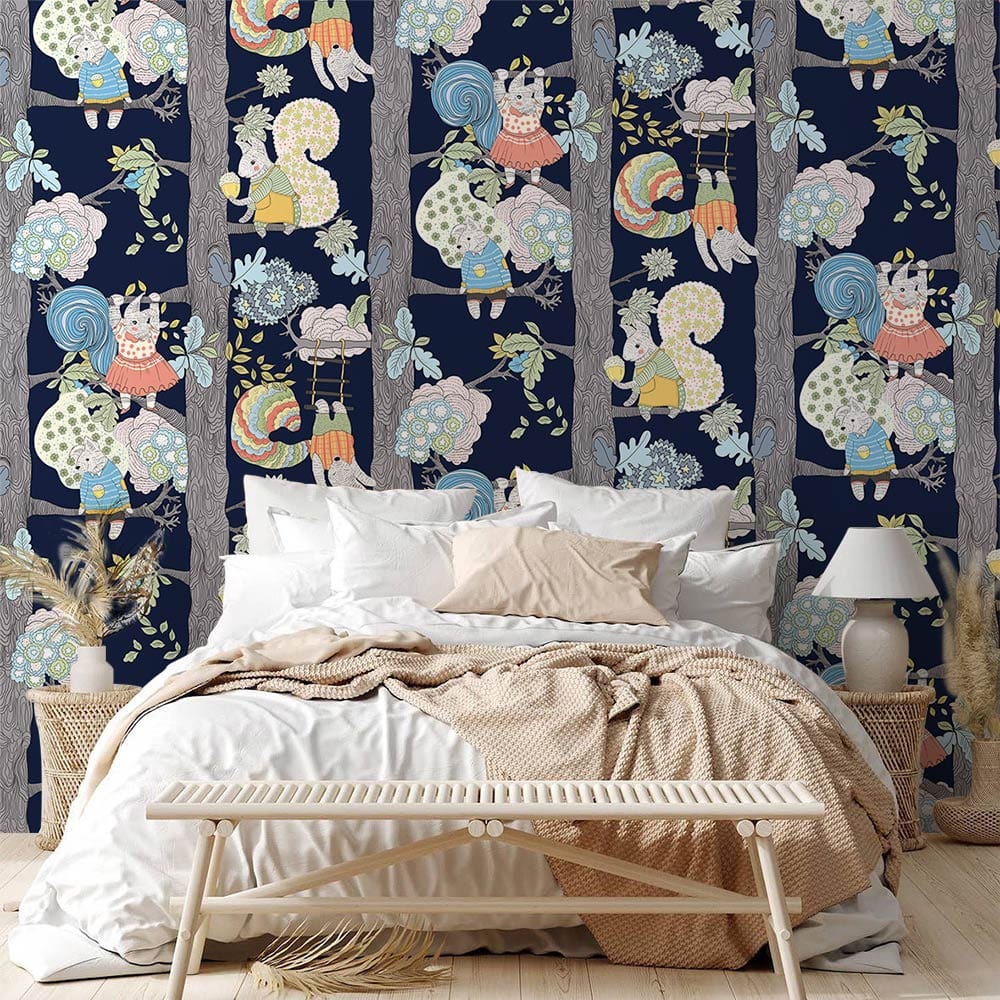 Whimsical navy woodland creatures wallpaper, pastel accents, cosy white bed, beige knitted blanket, nursery decor.