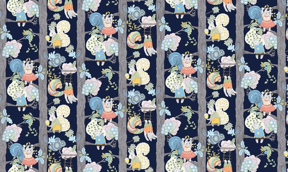Whimsical Navy Woodland Creatures Nursery Wallpaper with Pastel Accents