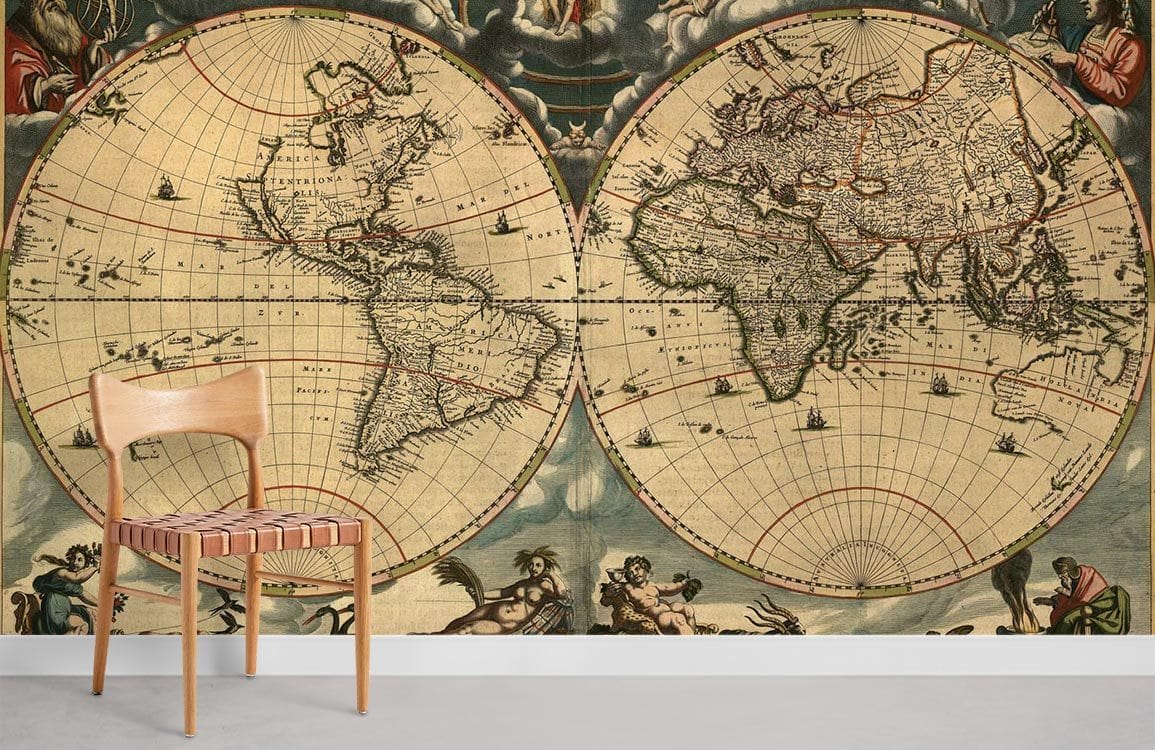 Antique map wallpaper in vintage style with wooden chair, beige background, and contemporary grey floor.