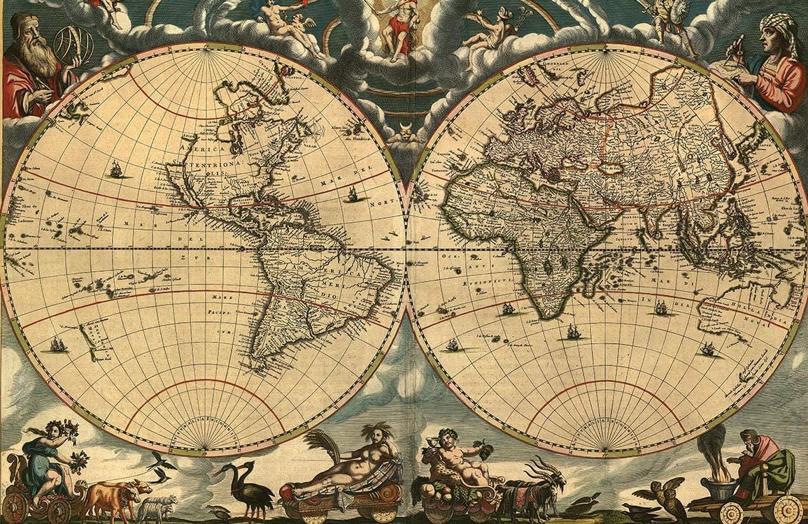 Antique World Map Mural Wallpaper with Vintage Style Historical Design