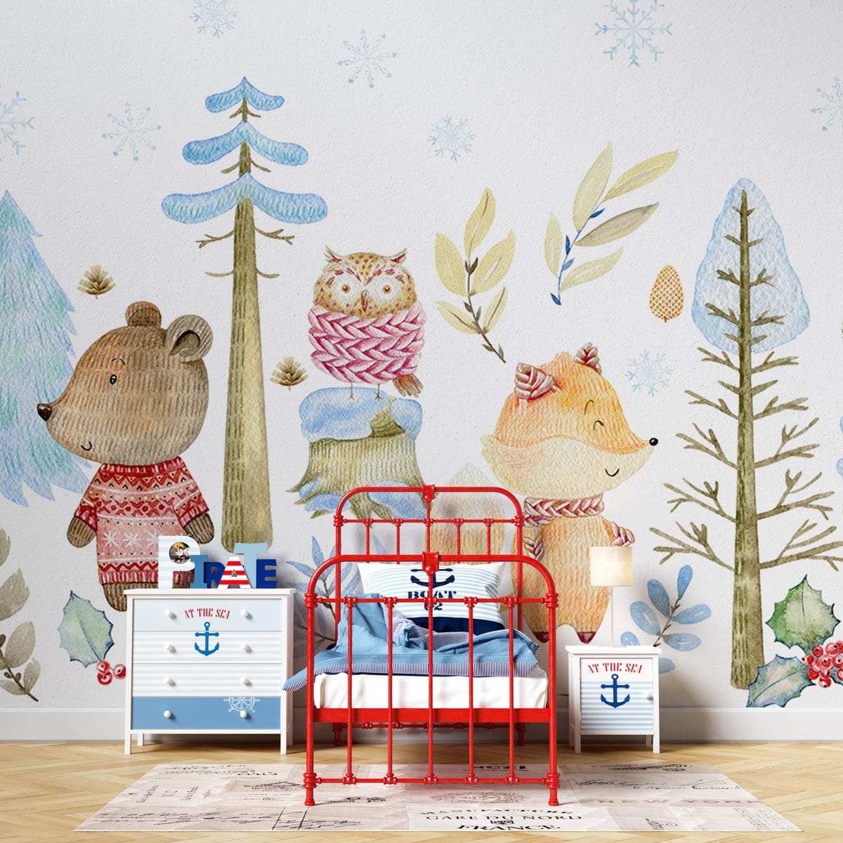 Whimsical Woodland Creatures Winter Mural Wallpaper in child's room with red bed, nautical furniture.