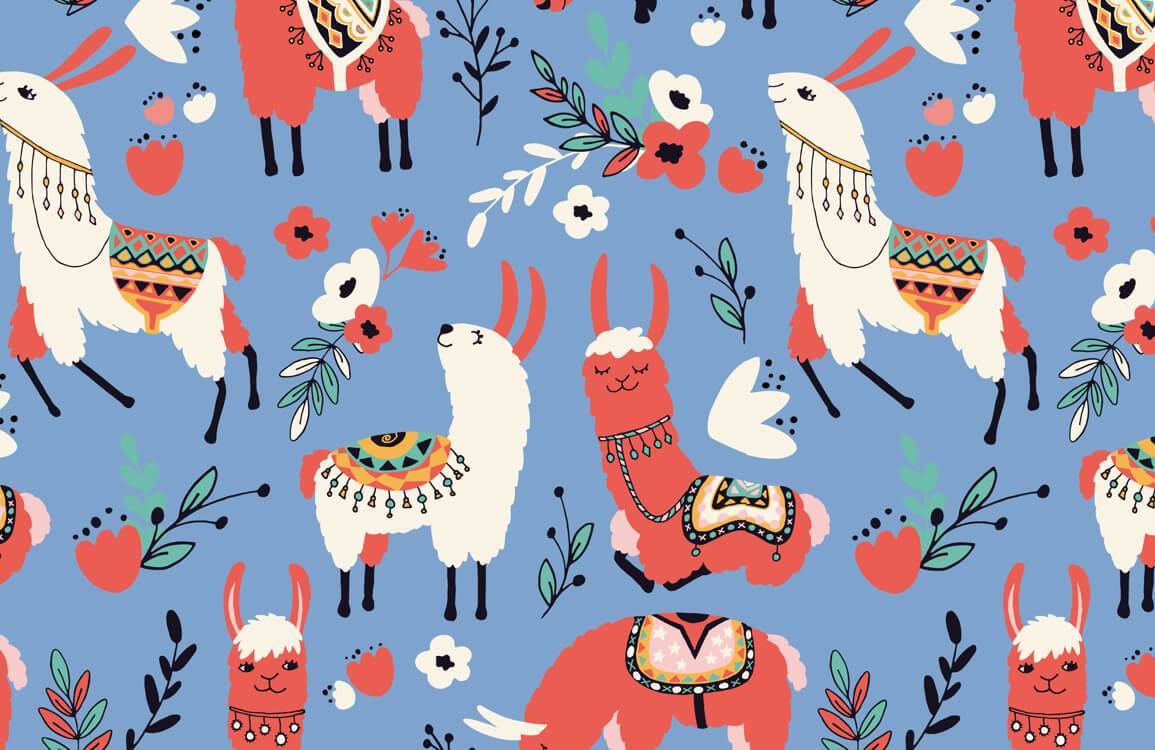 Whimsical Llama Pattern Wallpaper in Vibrant Red, White, and Blue Design