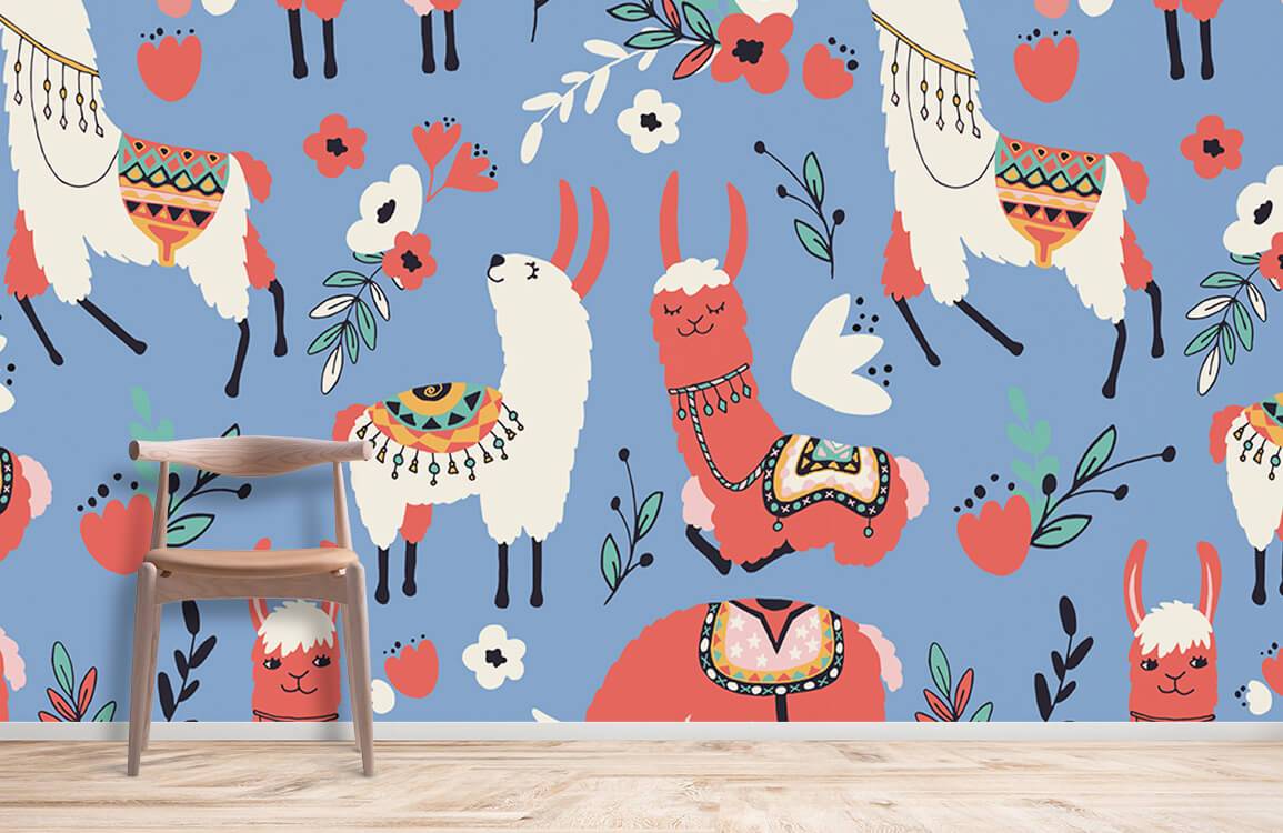 Whimsical Llama Pattern Wallpaper in colourful room, wooden flooring, minimalist chair, vibrant decor.