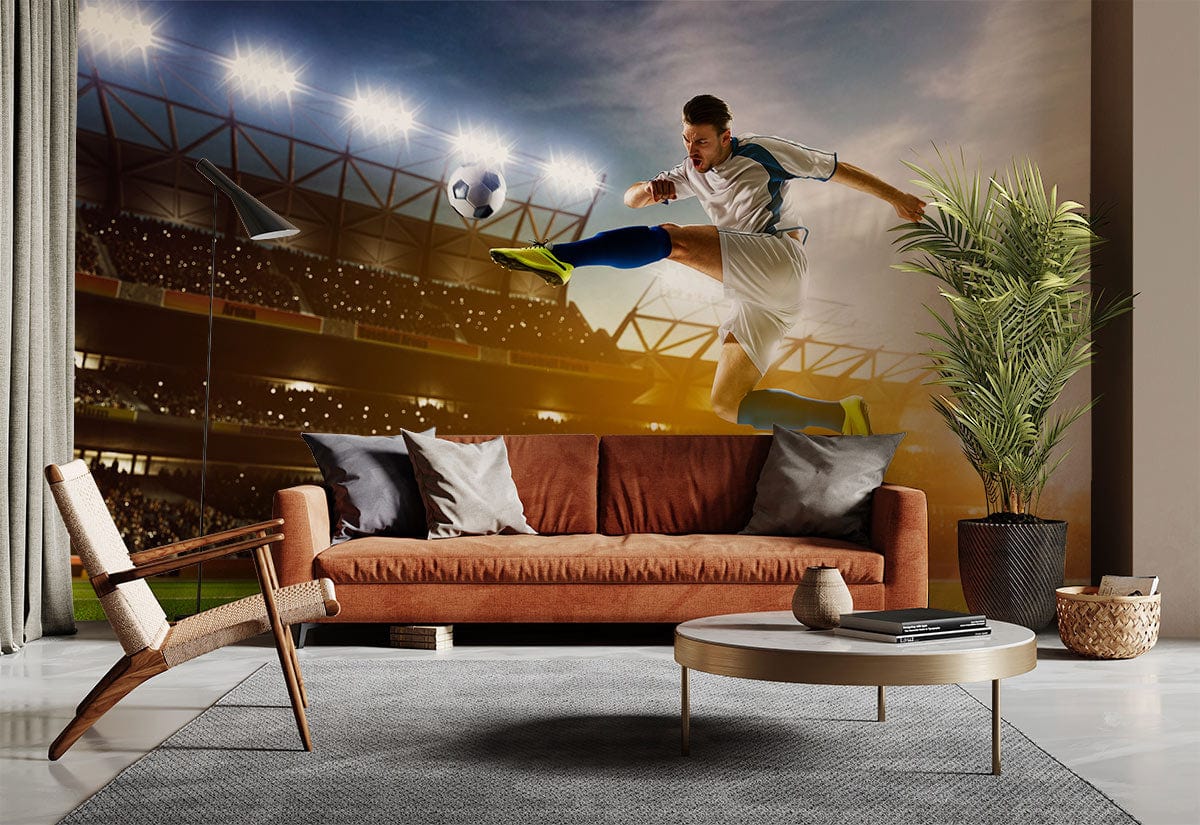 Dynamic Football Stadium Mural Wallpaper in modern living room with brown sofa and grey rug.