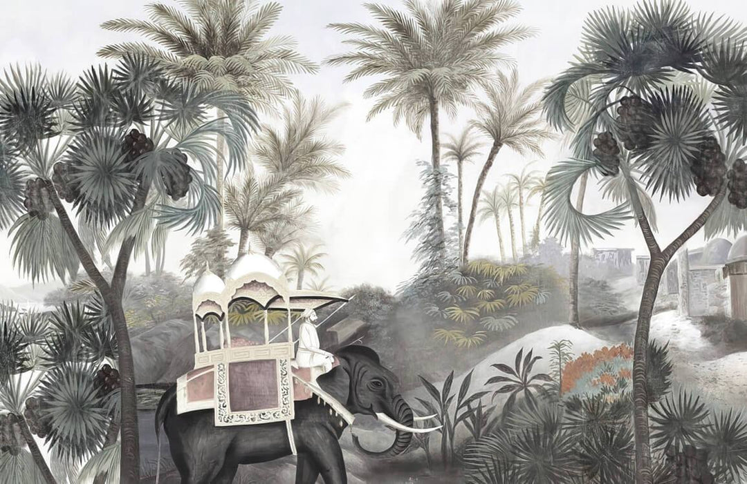 Exotic Jungle Safari Mural Wallpaper with Elephant and Palm Trees Design