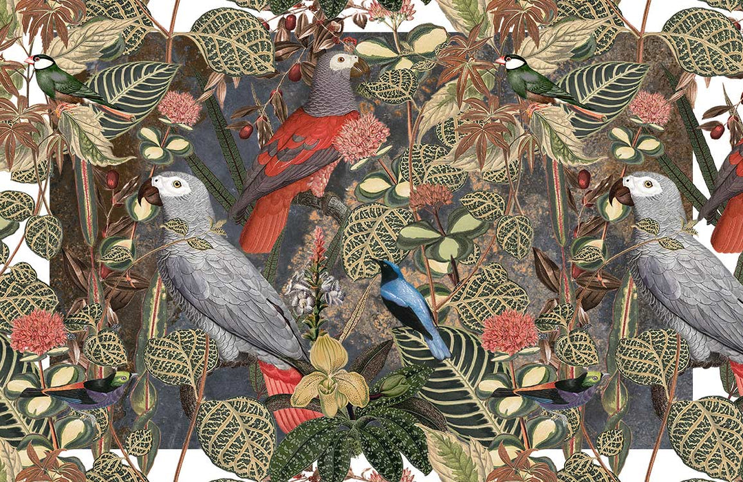 Tropical Parrots Botanical Print Mural Wallpaper in Vibrant Green and Red.