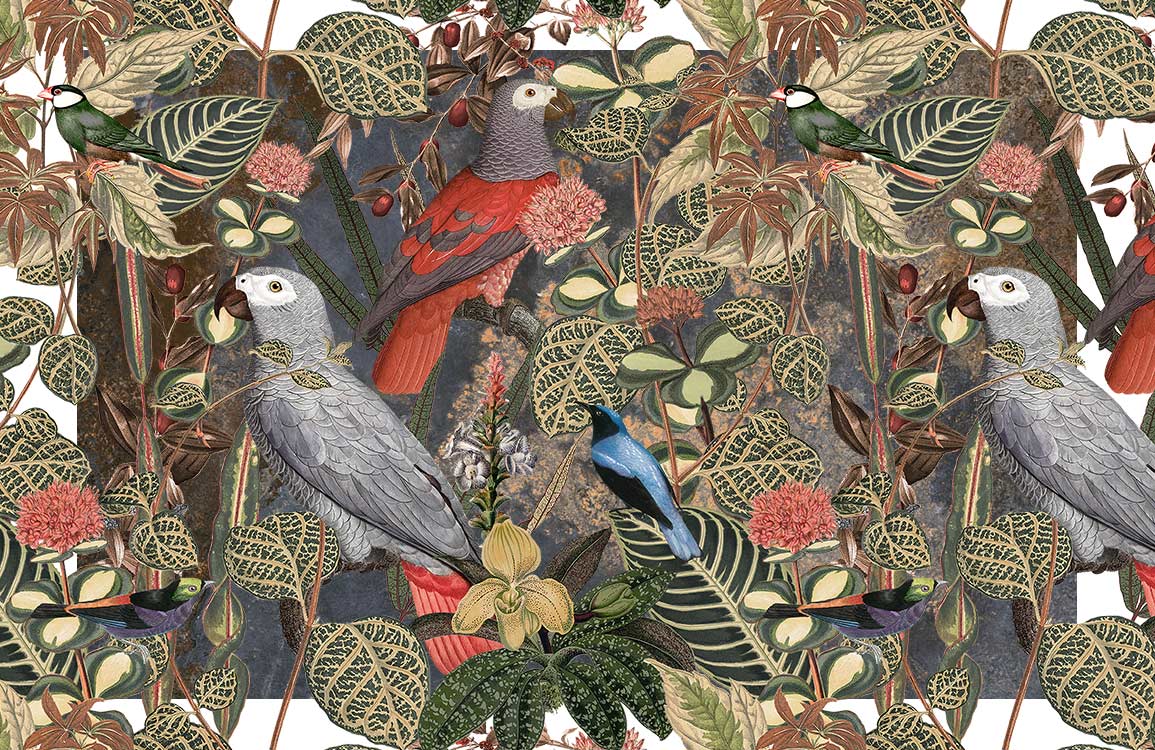 Tropical Parrots Botanical Print Mural Wallpaper in Vibrant Green and Red.