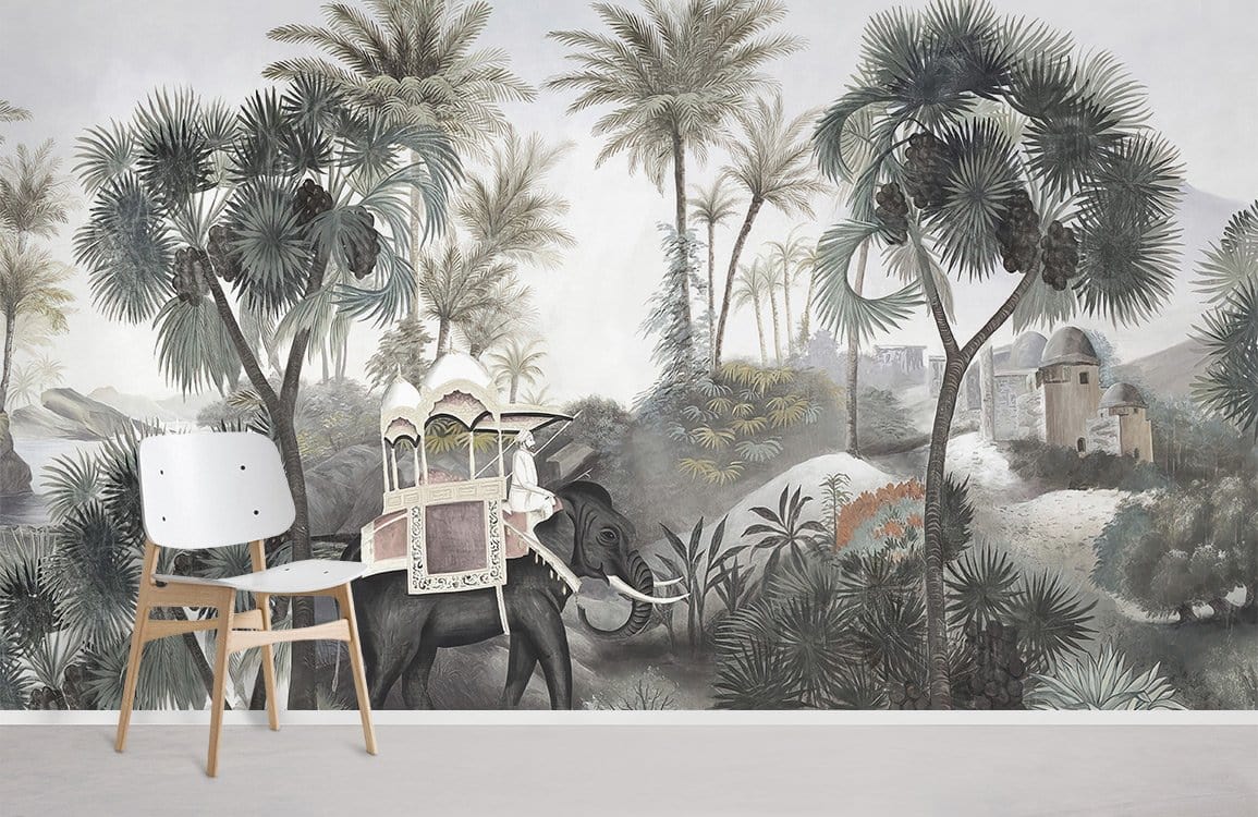 Exotic Jungle Safari Mural with Elephant, Palm Trees, White Chair, Grey Wall by Woodchip and Magnolia.