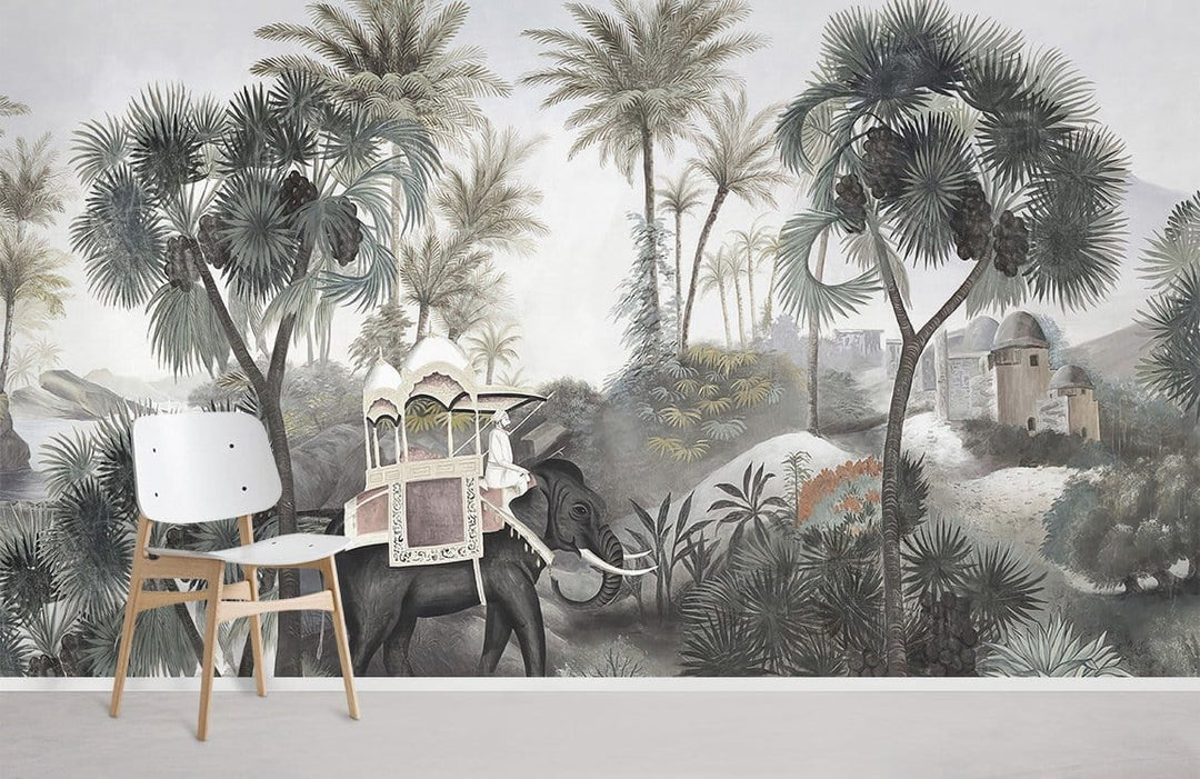 Exotic Jungle Safari Mural with Elephant, Palm Trees, White Chair, Grey Wall by Woodchip and Magnolia.