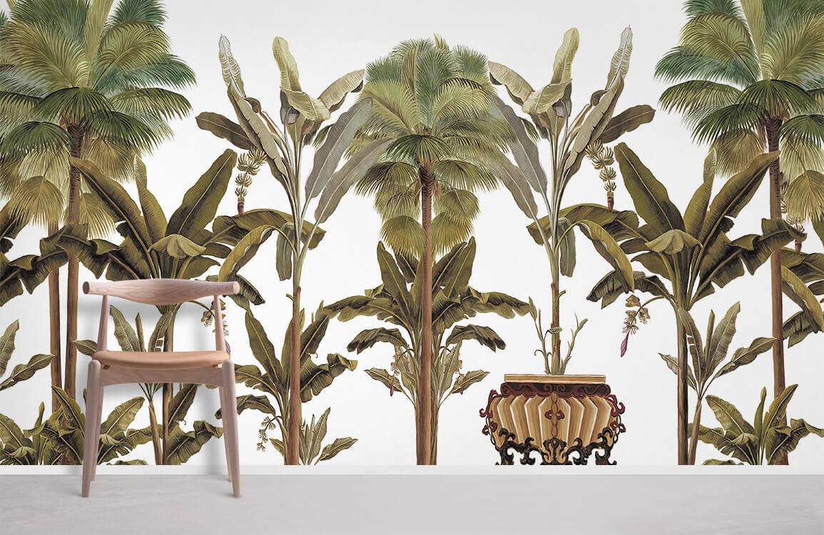 Tropical Palm Tree mural wallpaper with vintage chair, ornate table, in a modern living room setting.