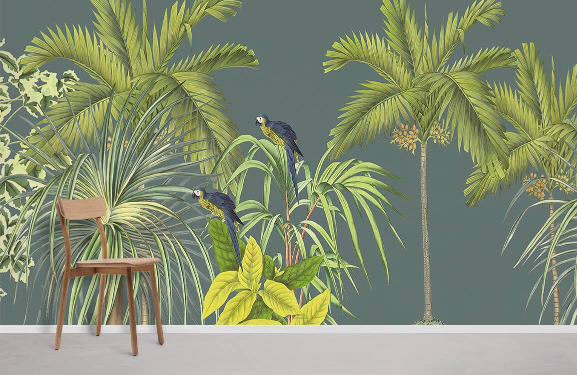 Tropical Rainforest Green Mural Wallpaper with Exotic Birds; wooden chair on grey flooring, living room.
