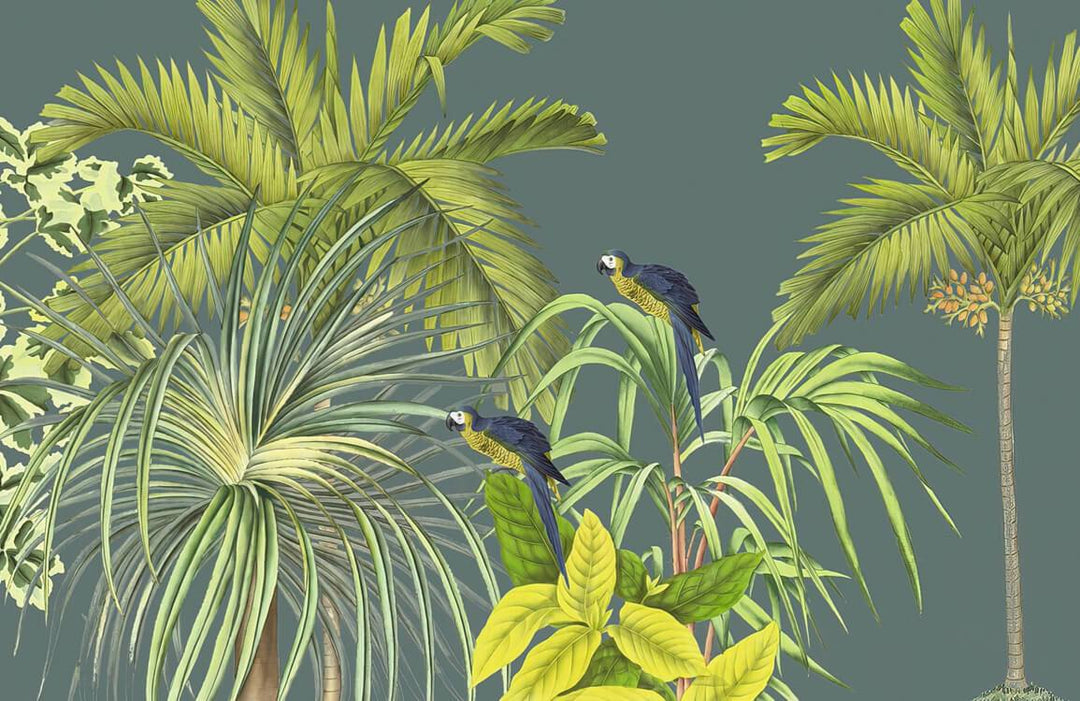 Tropical Rainforest Green Mural Wallpaper with Exotic Birds and Palms Design
