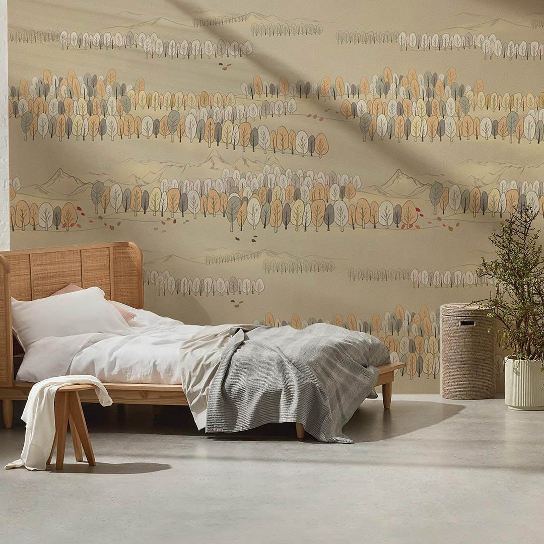 Vintage Autumn Woodland Mural Wallpaper in beige, grey tones with wooden bed, minimalist bedroom setting.