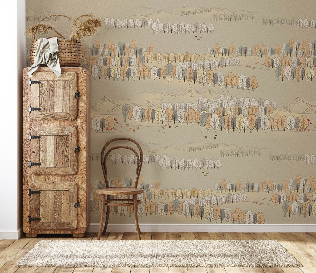 Vintage autumn woodland wallpaper with beige and grey mural, wooden cabinet, chair, and wooden flooring.