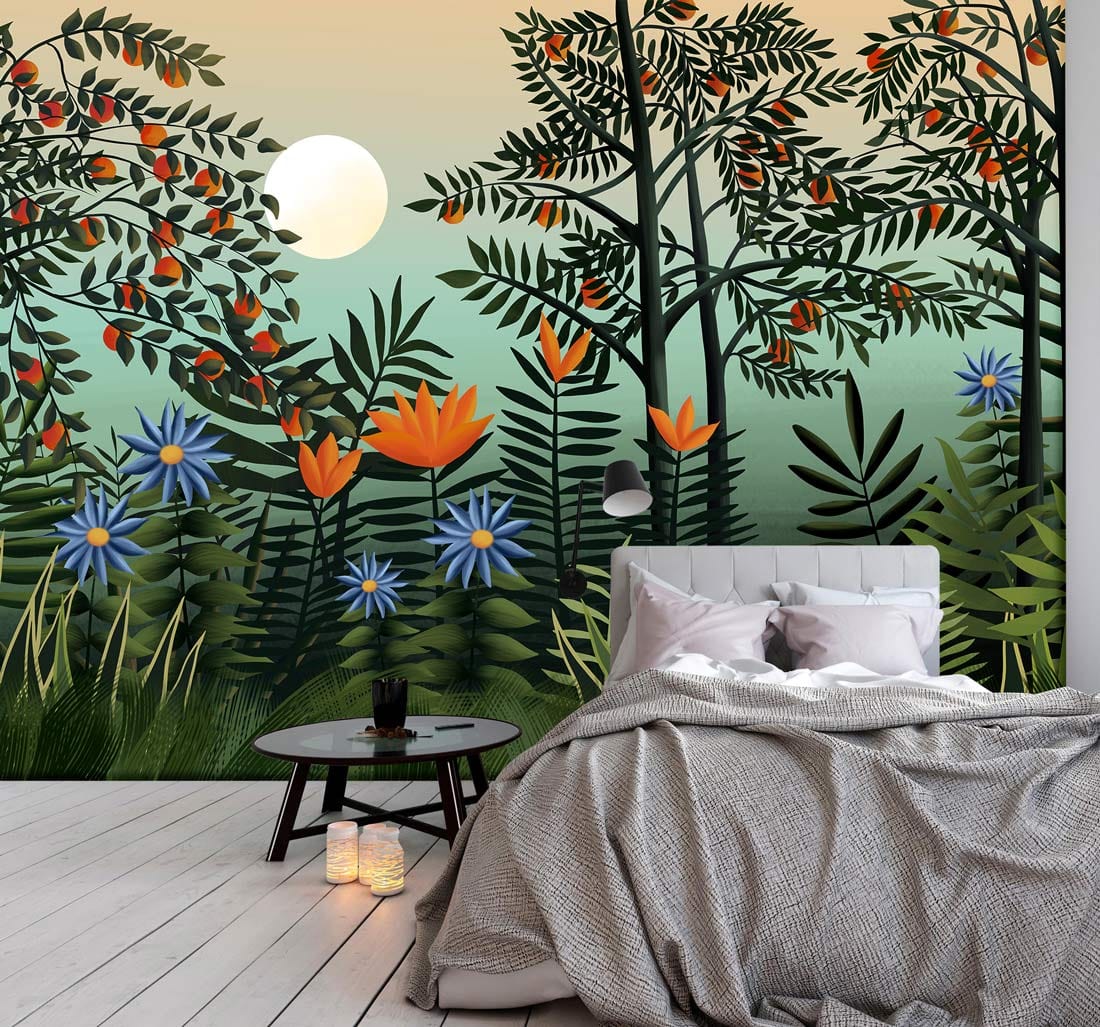 Tranquil Sunrise Forest Mural Wallpaper in bedroom with white bed, round table, wooden flooring.