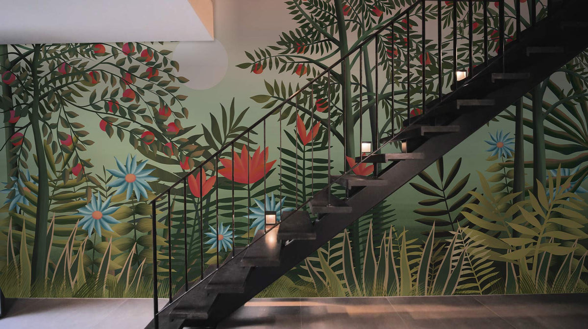 Lush Botanical Garden Wall Mural, staircase, wooden flooring, contemporary interior, pastel sunset horizon.