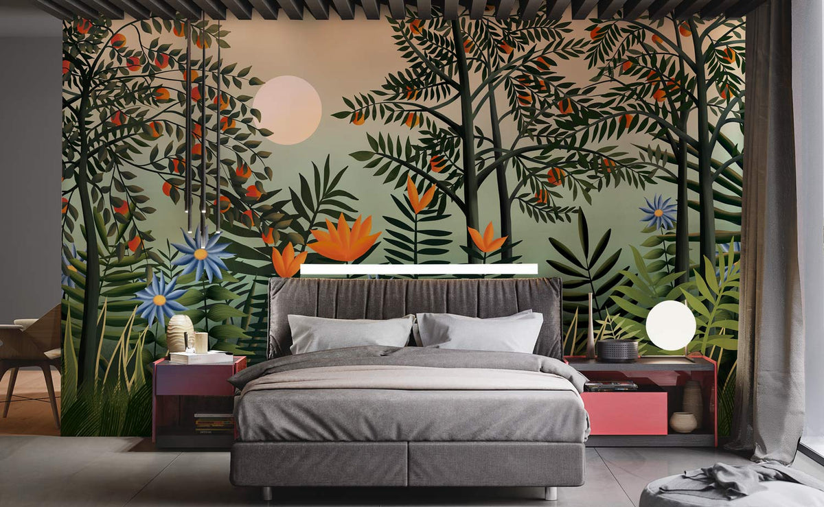 Tranquil Sunrise Forest Mural Wallpaper in bedroom, featuring lush forest design, grey bed, modern decor.
