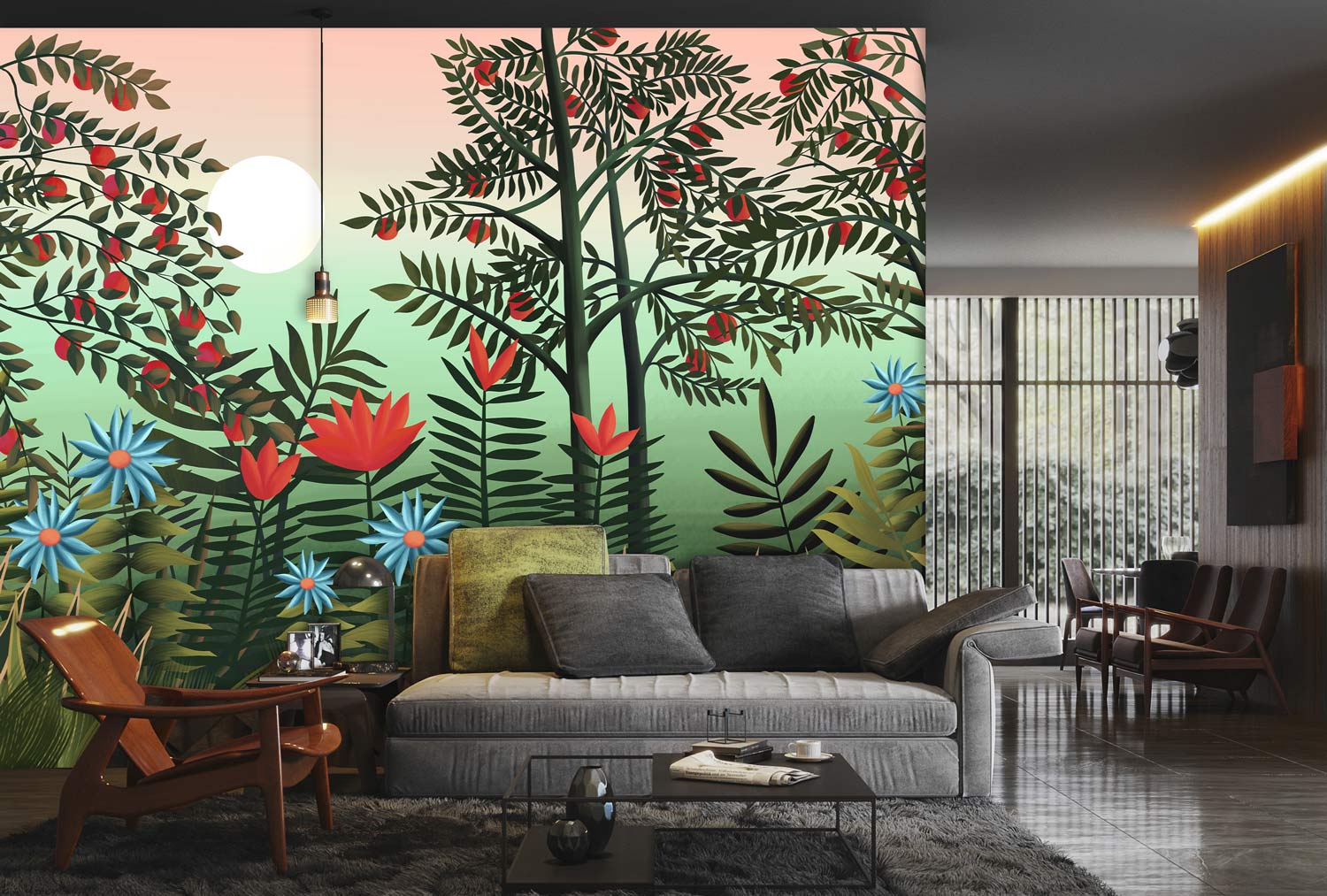 Lush Botanical Garden Wall Mural with Pastel Sunset Horizon Design