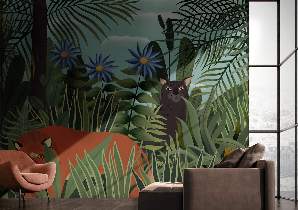 Colourful jungle mural with tropical foliage, brown sofa, peach armchair, dark wood flooring, modern room.