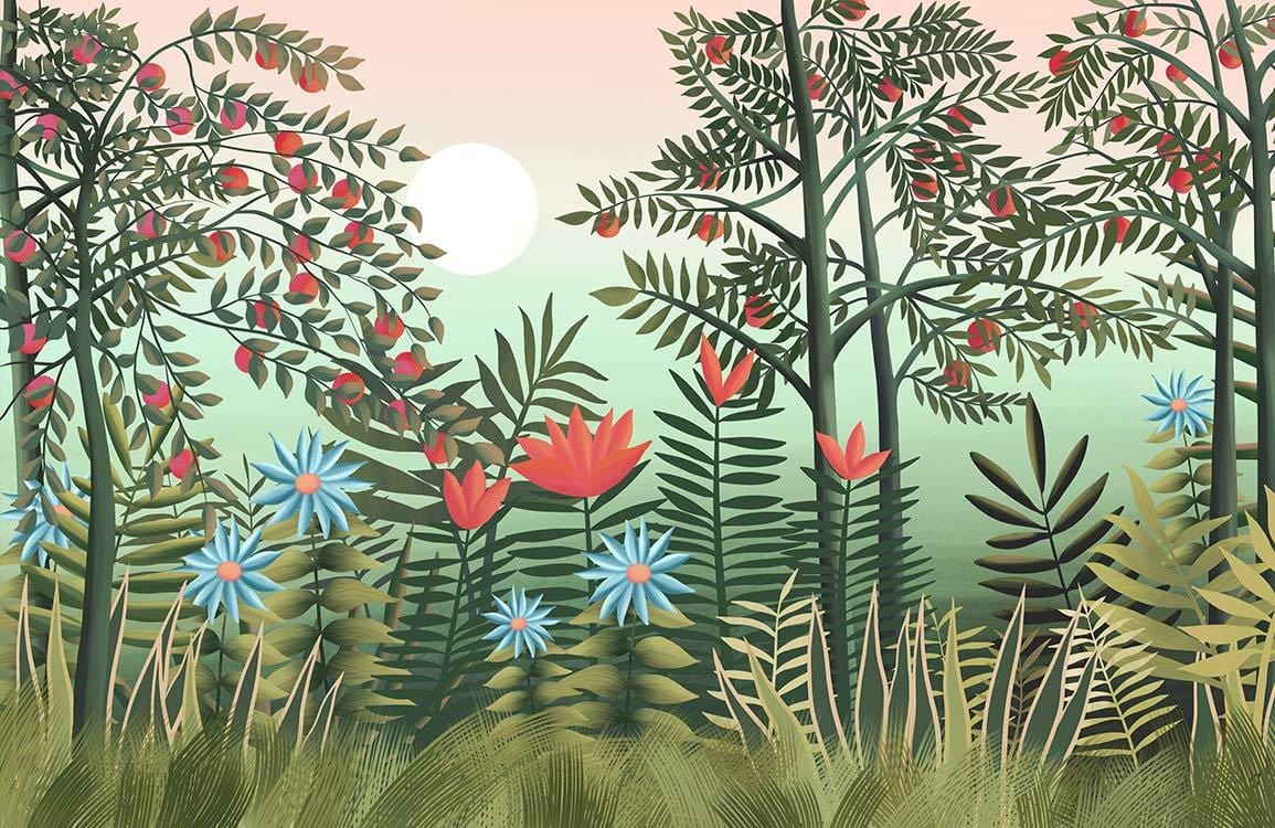 Lush Botanical Garden Wall Mural with Pastel Sunset Horizon Design
