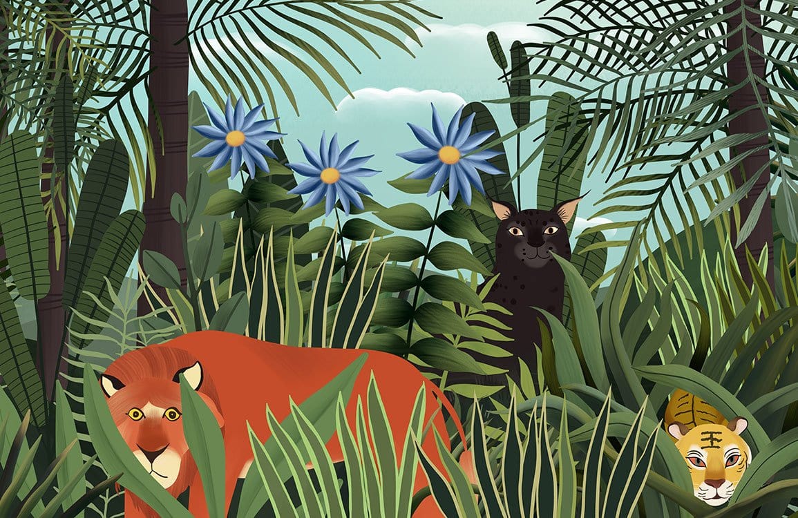 Colourful Jungle Animals Mural Wallpaper with Tropical Green Foliage Design