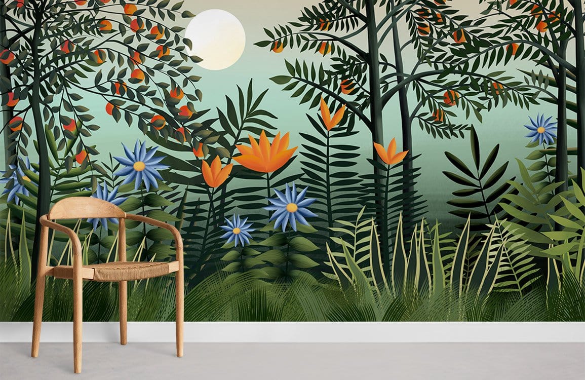 Wooden chair with Tranquil Sunrise Forest mural wallpaper showcasing lush green and orange hues.